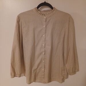 Orvis Tan Gingham Ruffle Collar Shirt 100% Cotton, Medium
